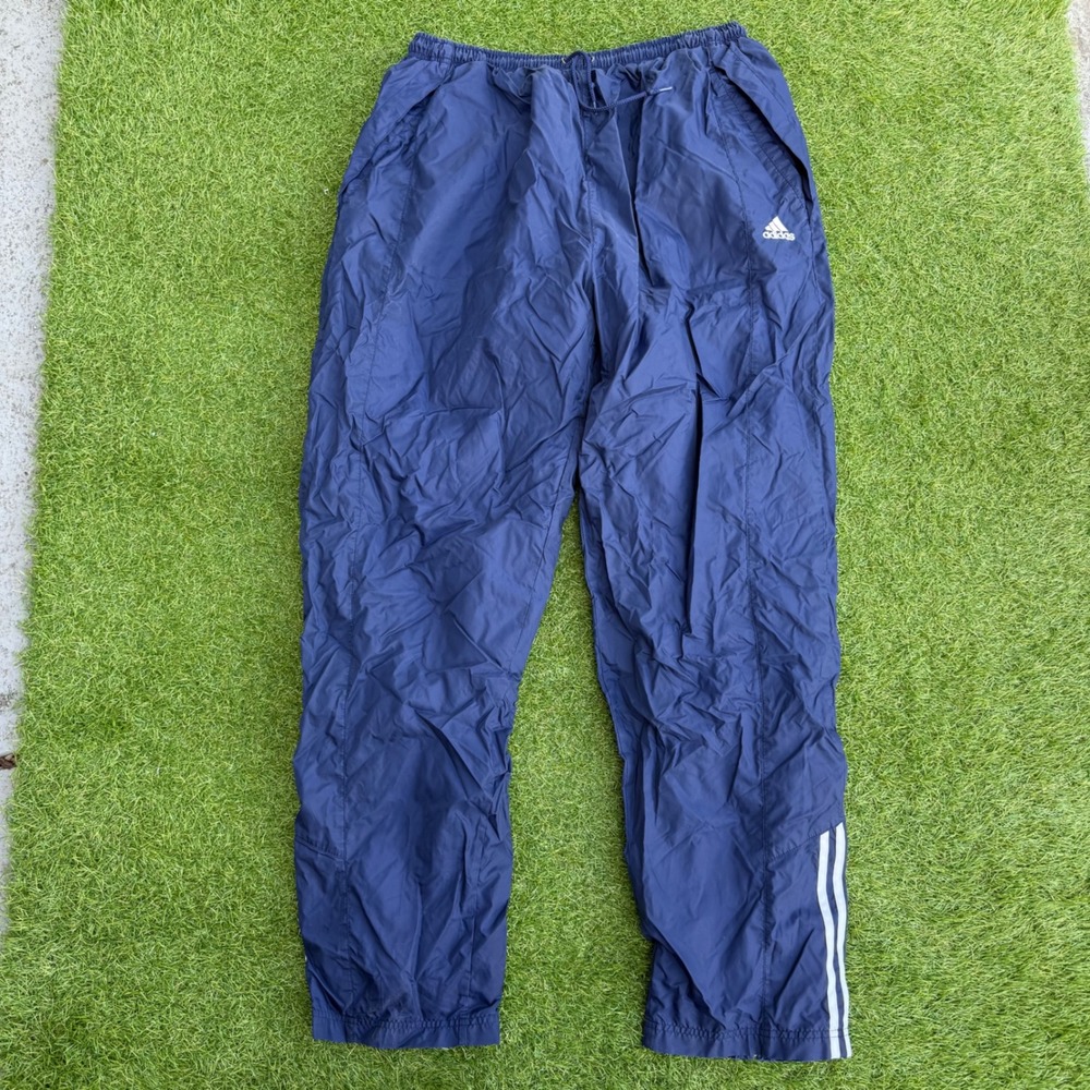 Vtg 90s Adidas Track Pants Swishy Stripe Mens Size 2XL Wide Leg Navy Blue Soccer